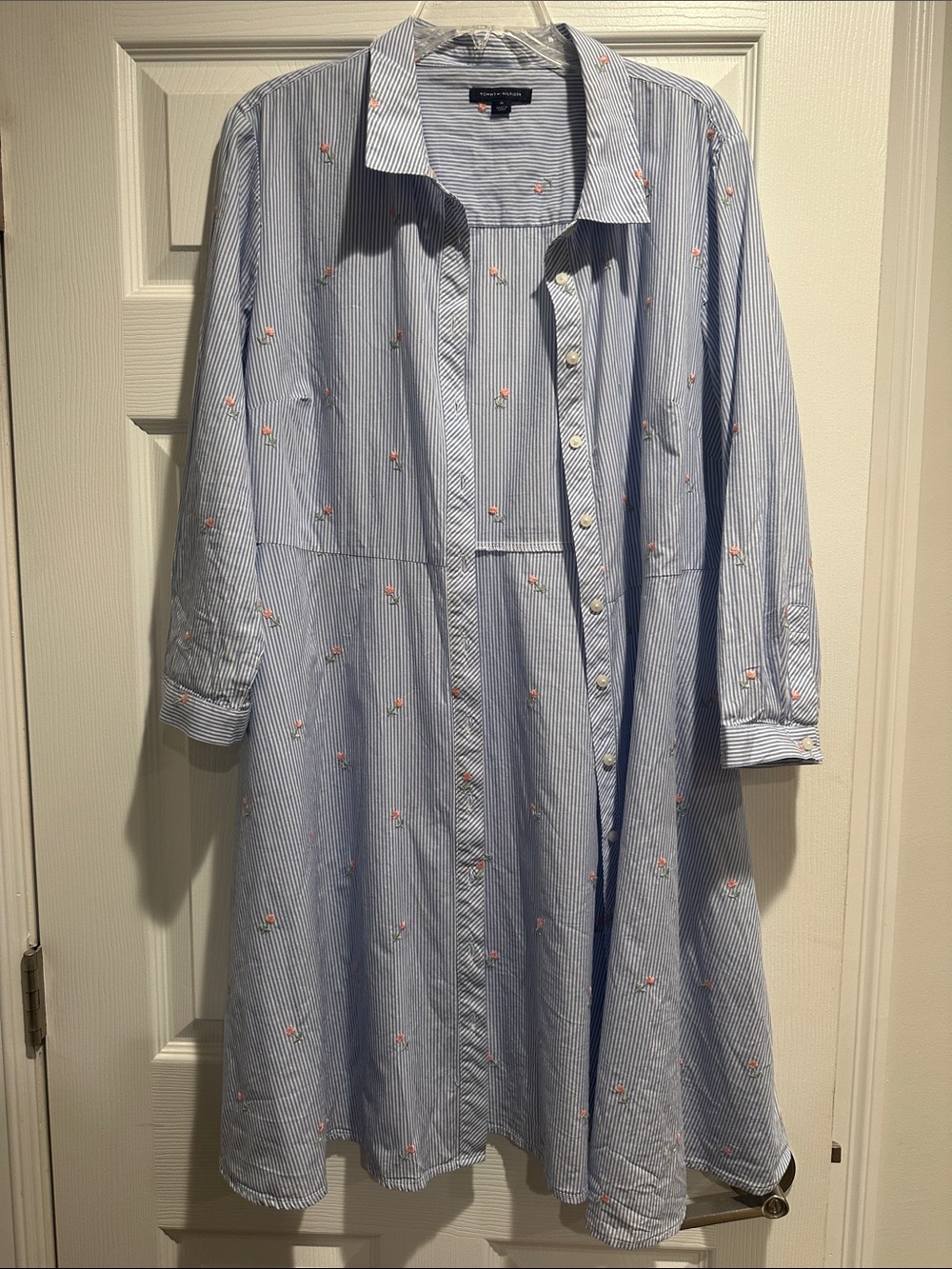 Tommy Hilfiger Light Blue Striped Dress with Pink Floral Embroidery
